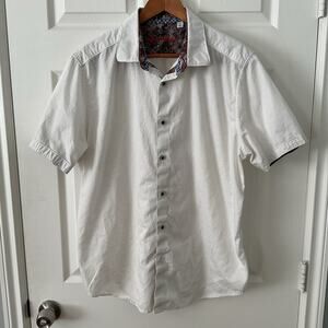 Robert Graham Shirt Mens 2XL White Brown Short Sleeve Button Flip Cuff